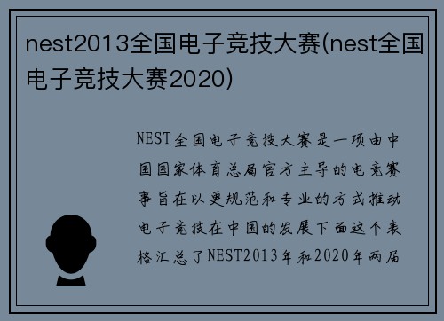 nest2013全国电子竞技大赛(nest全国电子竞技大赛2020)